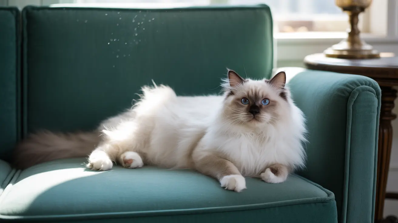 A fluffy white and cream Ragdoll cat with striking blue eyes on a teal green velvet armchair
