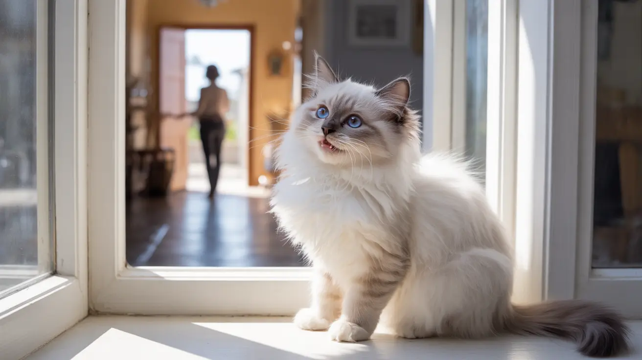 A fluffy white Ragdoll cat with striking blue eyes sitting on a windowsill with a blurred silhouette of a person in the background