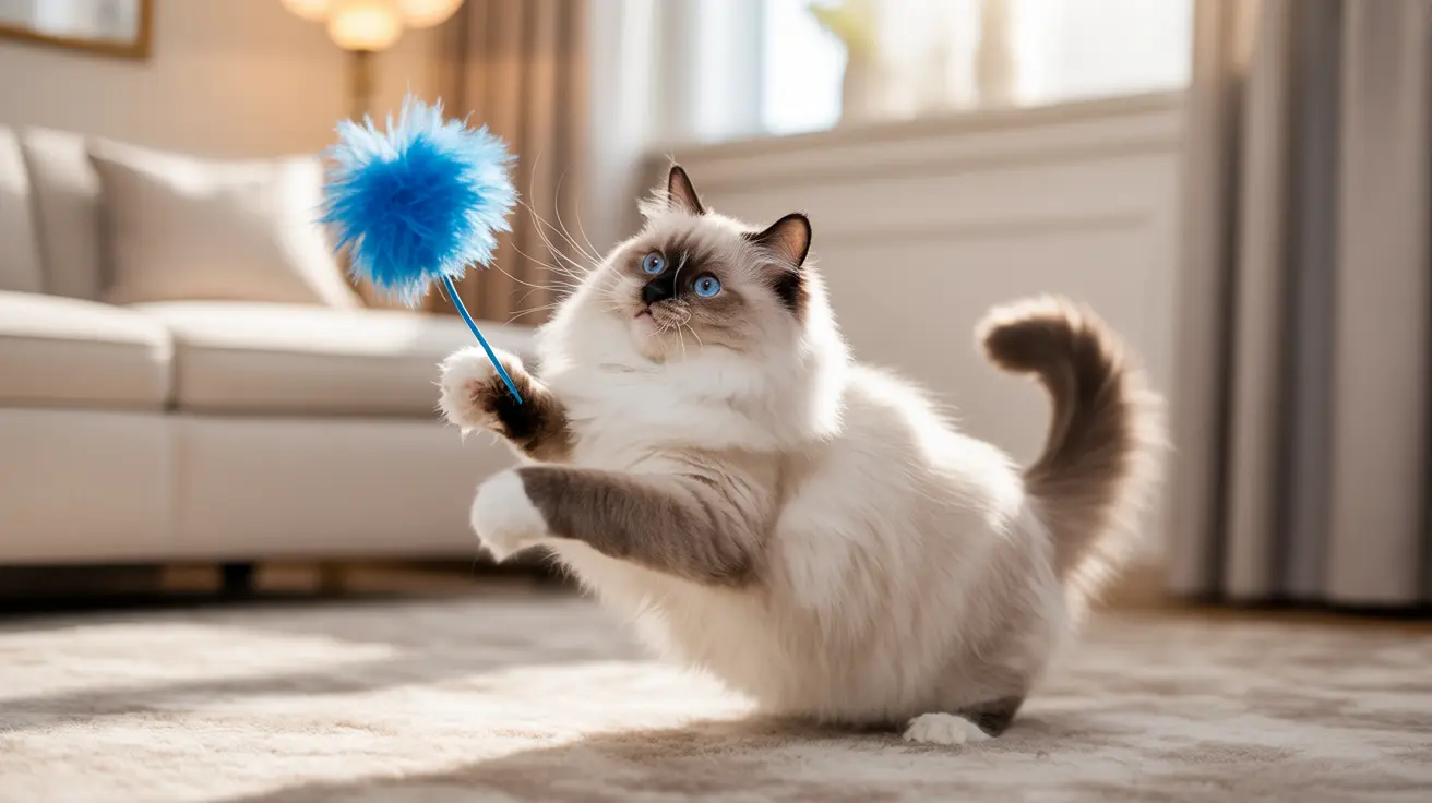 Fluffy Ragdoll cat with blue eyes playing with a blue feather toy wand in a bright living room