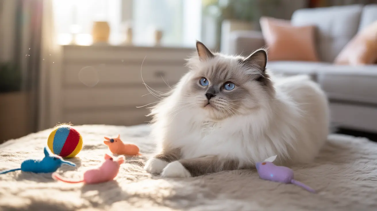 A fluffy white Ragdoll cat with blue eyes sitting on a soft blanket with colorful cat toys