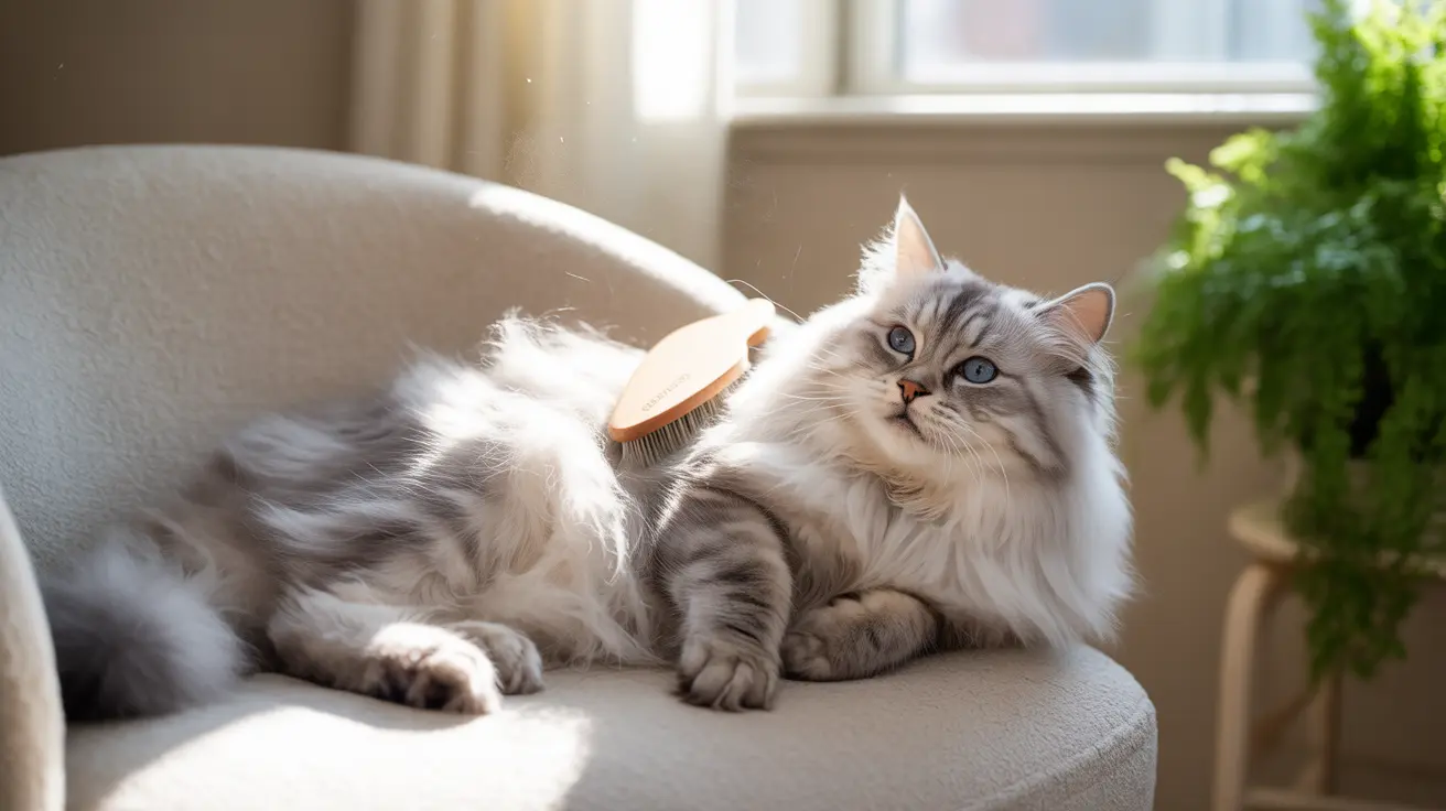 Fluffy Ragdoll cat with blue eyes being brushed on beige armchair in bright living room