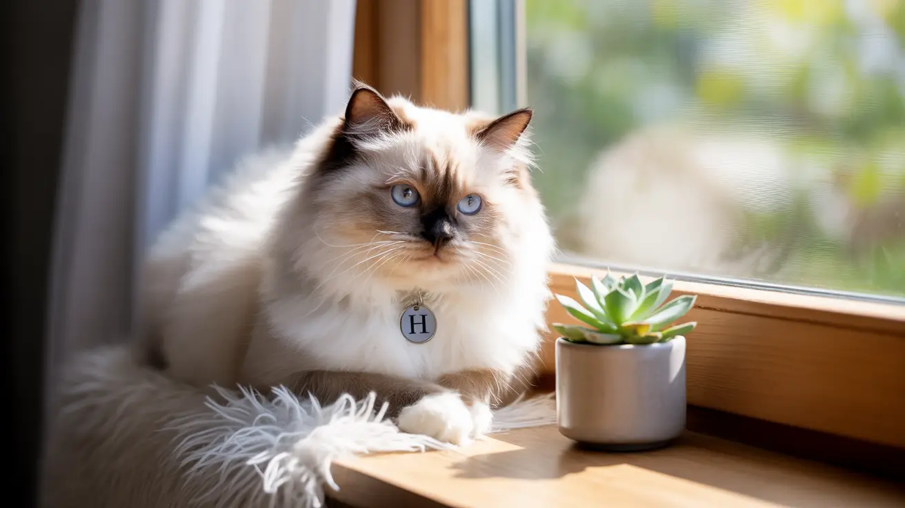 Un gato Ragdoll blanco y marrón, esponjoso, está sentado elegantemente junto a una ventana soleada con una planta suculenta cerca.