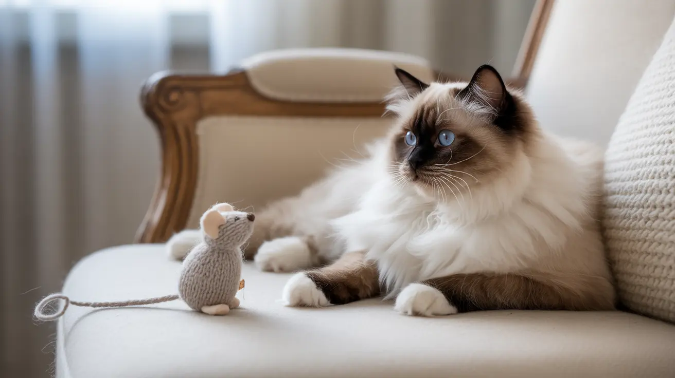 A fluffy Ragdoll cat sitting elegantly on a cream-colored chair next to a small knitted mouse toy