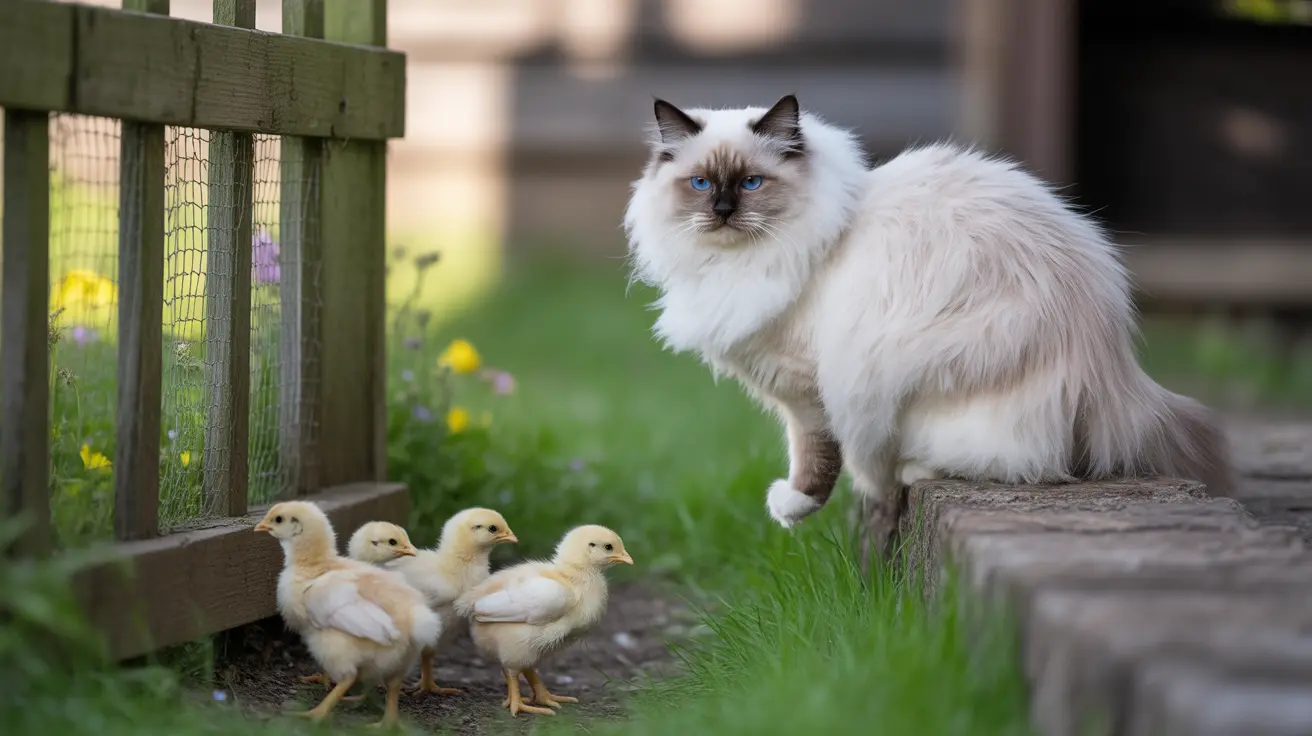 ふわふわの白いラグドール猫が庭で四羽のひよこの近くに座っている