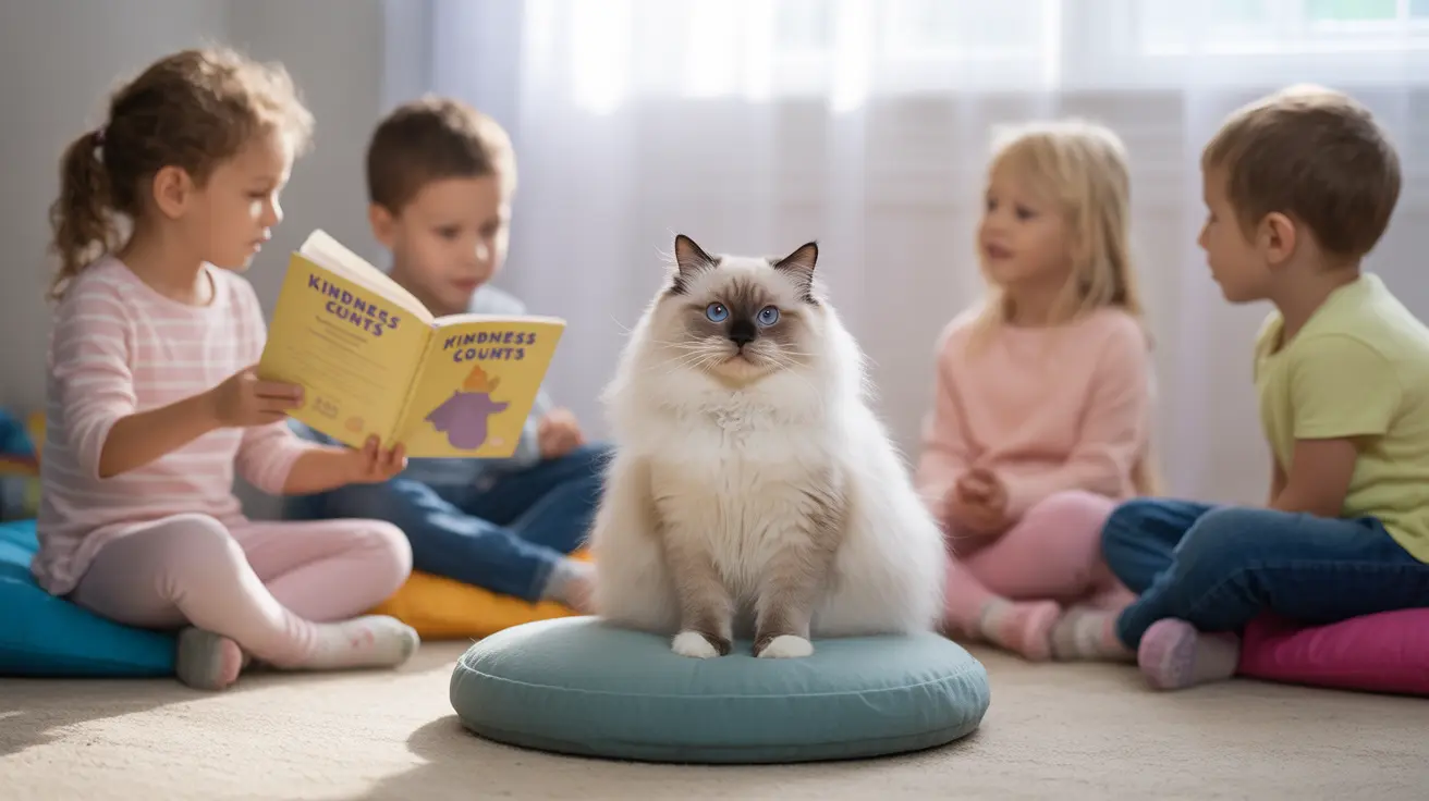 A fluffy white Ragdoll cat sitting regally on a blue-green cushion while children read nearby