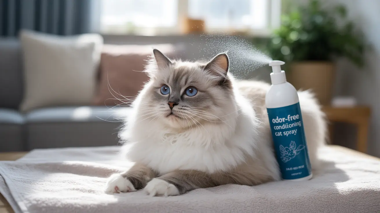 A fluffy white and gray Ragdoll cat sitting elegantly on a light-colored surface with an odor-free cat spray being applied nearby
