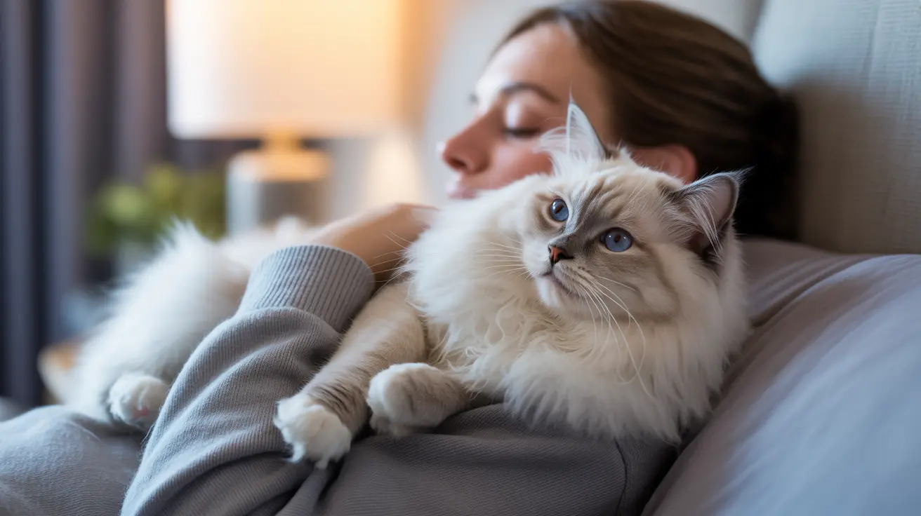 A fluffy white Ragdoll cat resting comfortably on a gray couch with a person in the background