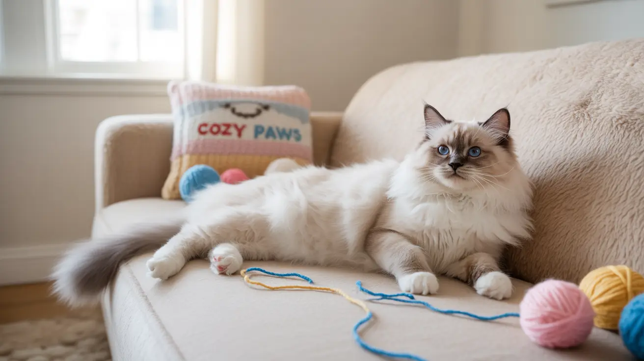 Un gato Ragdoll blanco y esponjoso descansa en un sillón cómodo rodeado de coloridas bolas de hilo