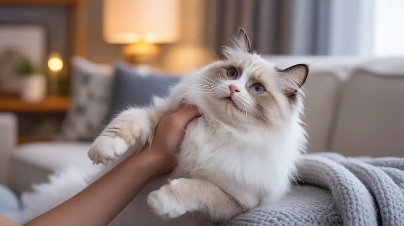 A fluffy white and cream Ragdoll cat being gently held and petted on a cozy couch