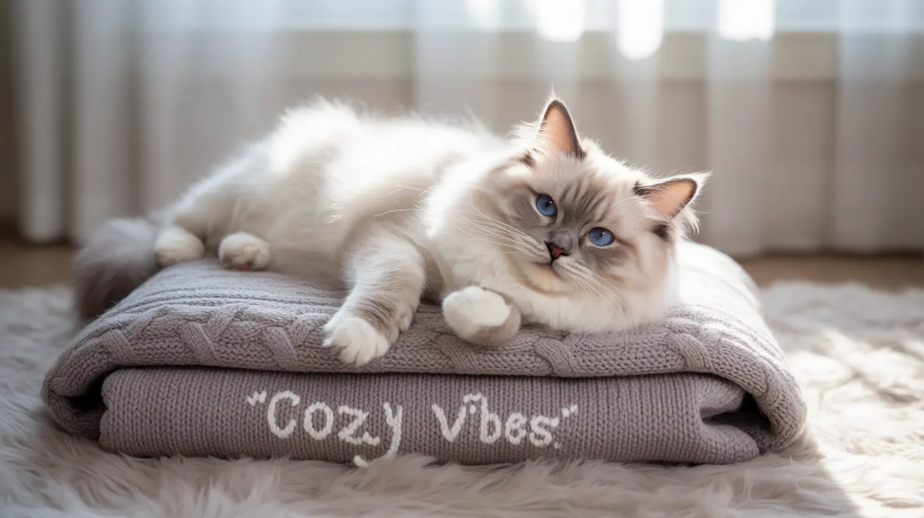 A fluffy white and cream Ragdoll cat lounging peacefully on a gray knitted blanket with Cozy Vibes text