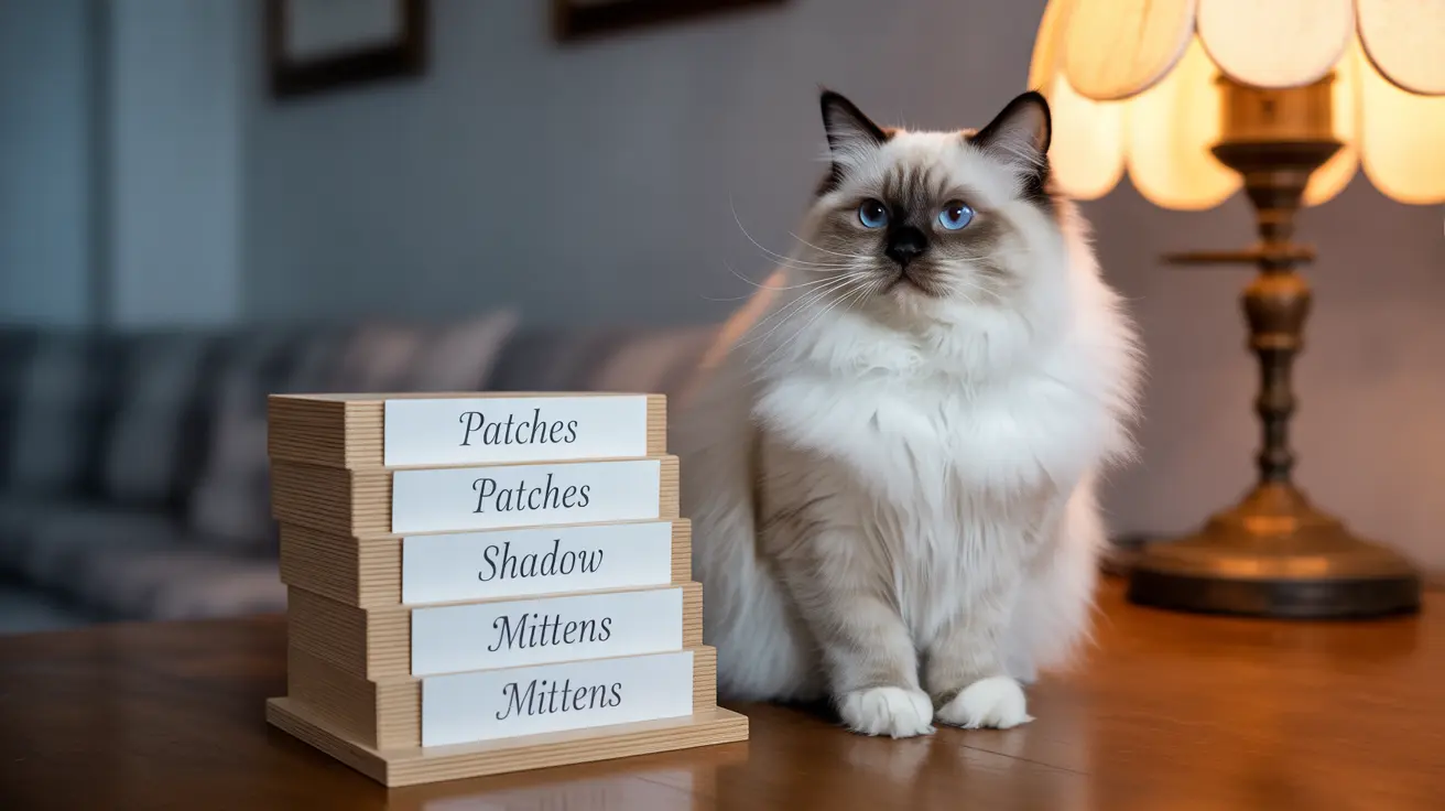 Un gato Ragdoll blanco y esponjoso está sentado junto a una placa de madera que muestra varios nombres.