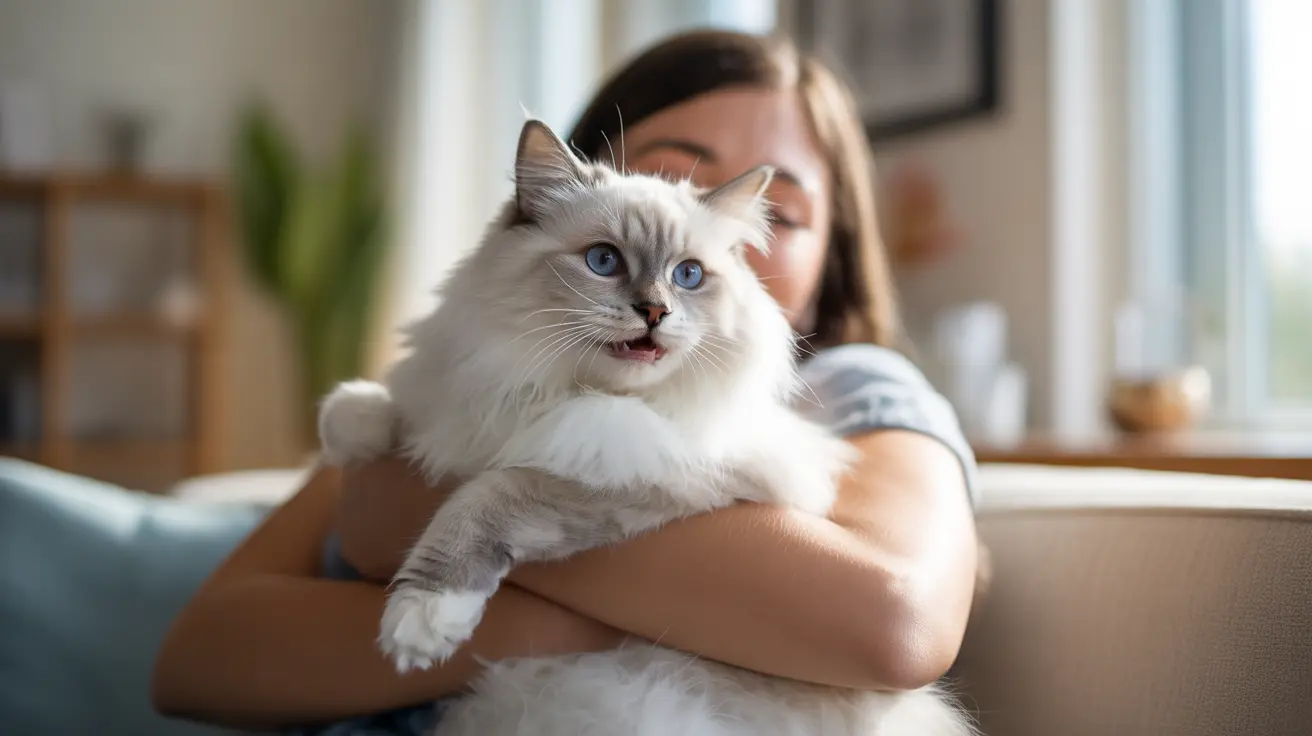 A fluffy white Ragdoll cat being held and cuddled in a cozy indoor setting
