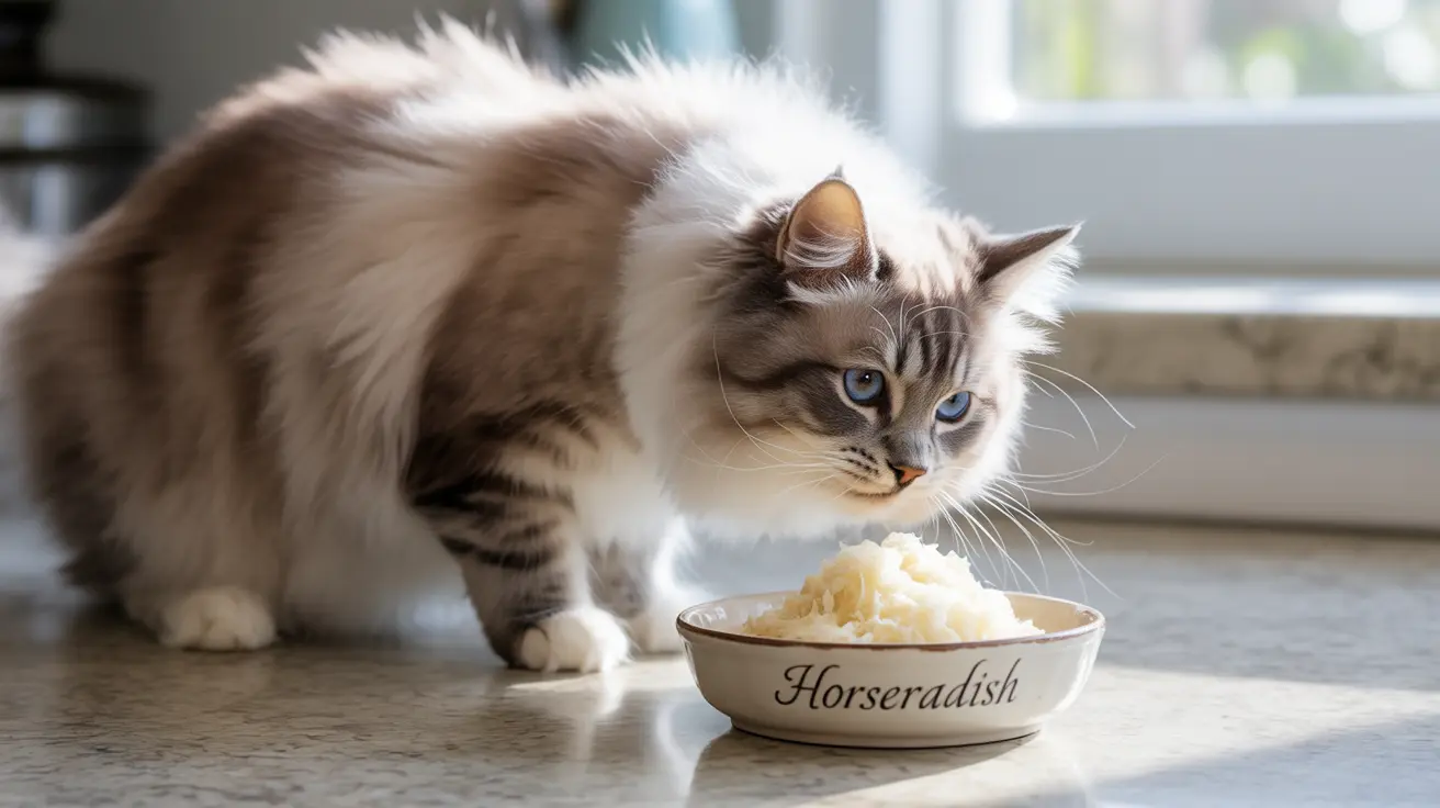 Um gato Ragdoll peludo olhando curiosamente para uma tigela que parece conter raiz-forte