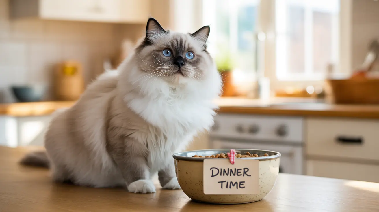 A fluffy Ragdoll cat sitting next to a food bowl labeled 'Dinner Time' in a bright kitchen setting
