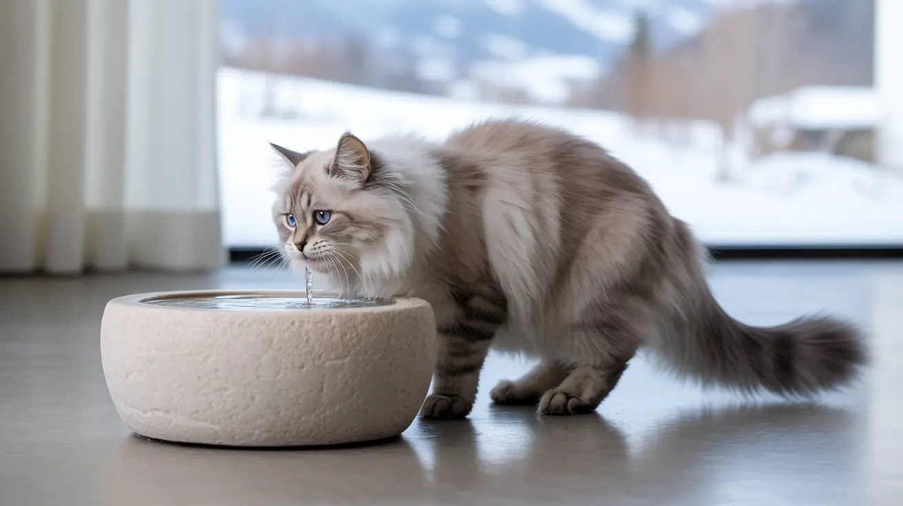 ふわふわしたラグドールの猫が丸い陶器の給水器から水を飲んでいる様子