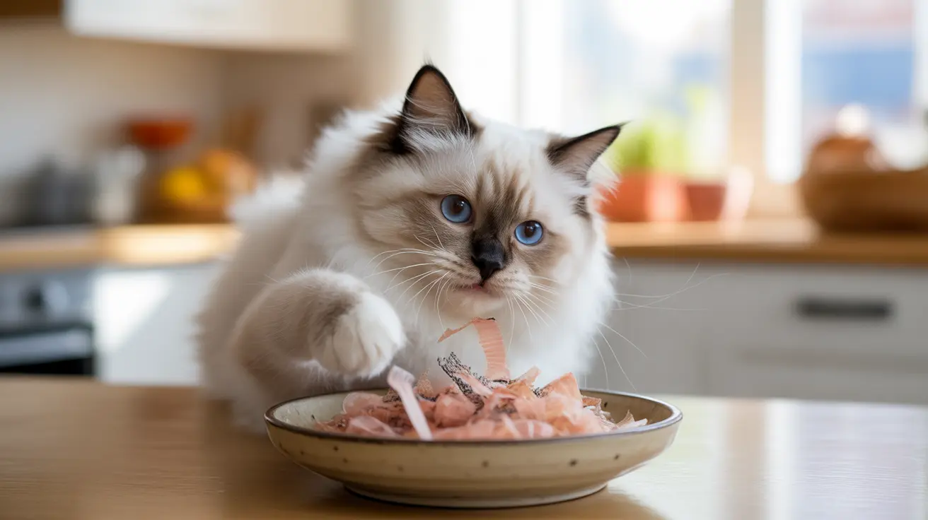 Fluffy white and cream Ragdoll cat with blue eyes eating from a ceramic bowl of pink meat at a kitchen counter