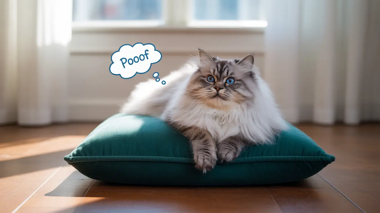 A fluffy Ragdoll cat sitting on a teal velvet cushion with a 'Poof' thought bubble
