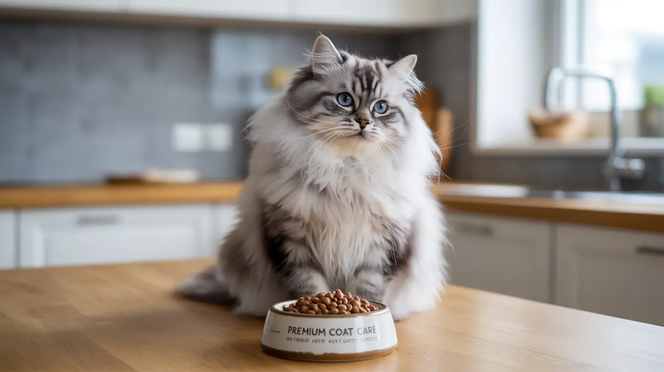 A fluffy Ragdoll cat sitting near a food bowl in a modern kitchen
