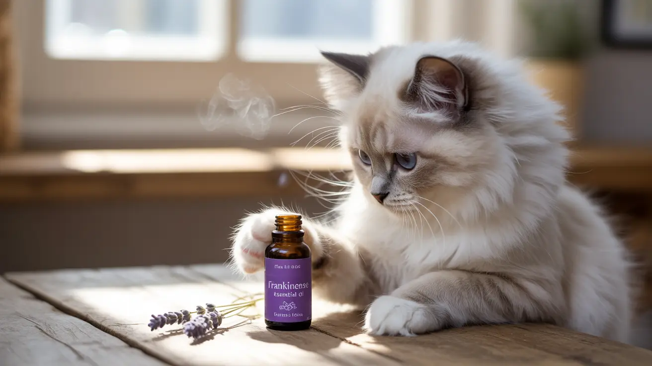 A fluffy white Ragdoll cat sitting near a bottle of Frankincense essential oil with lavender sprigs