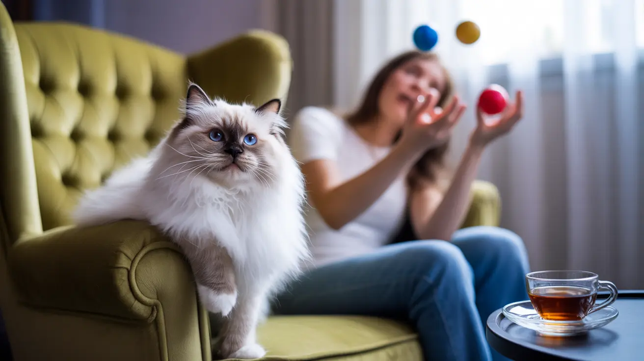 Un gato Ragdoll blanco y esponjoso sentado de forma regia en un sillón verde mientras una persona juega con pelotas de colores en el fondo