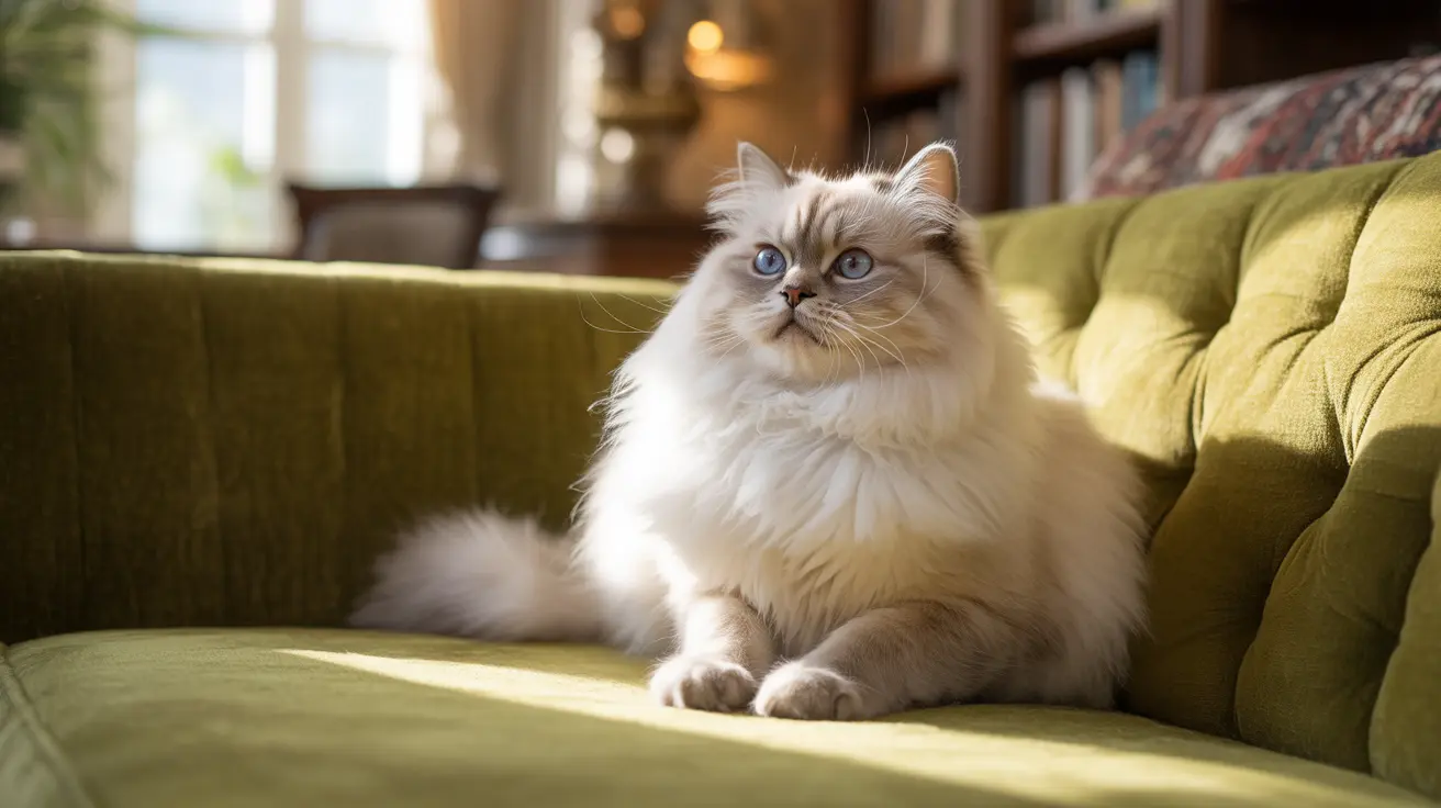 A fluffy white Ragdoll cat sitting regally on a green velvet couch in a bright, cozy living room.