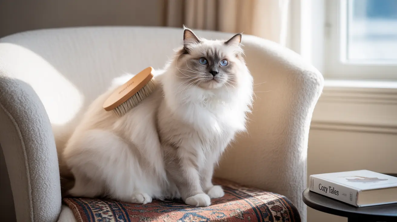 A fluffy white Ragdoll cat sitting elegantly on a patterned rug with a grooming brush nearby.