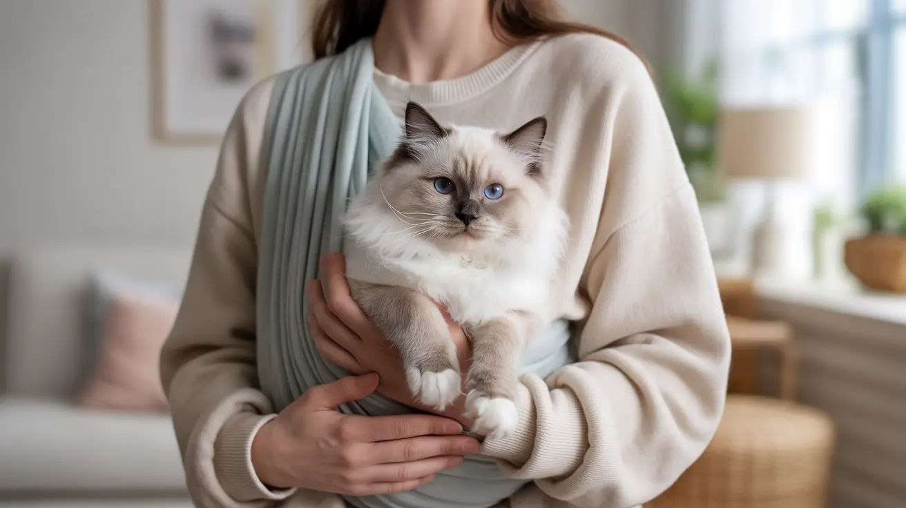 A fluffy white and grey Ragdoll cat being gently held by someone in a cozy indoor setting