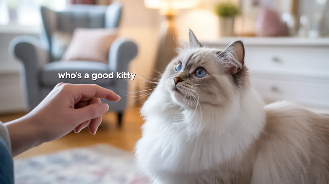 A fluffy white and cream Ragdoll cat being affectionately addressed by a pointing hand