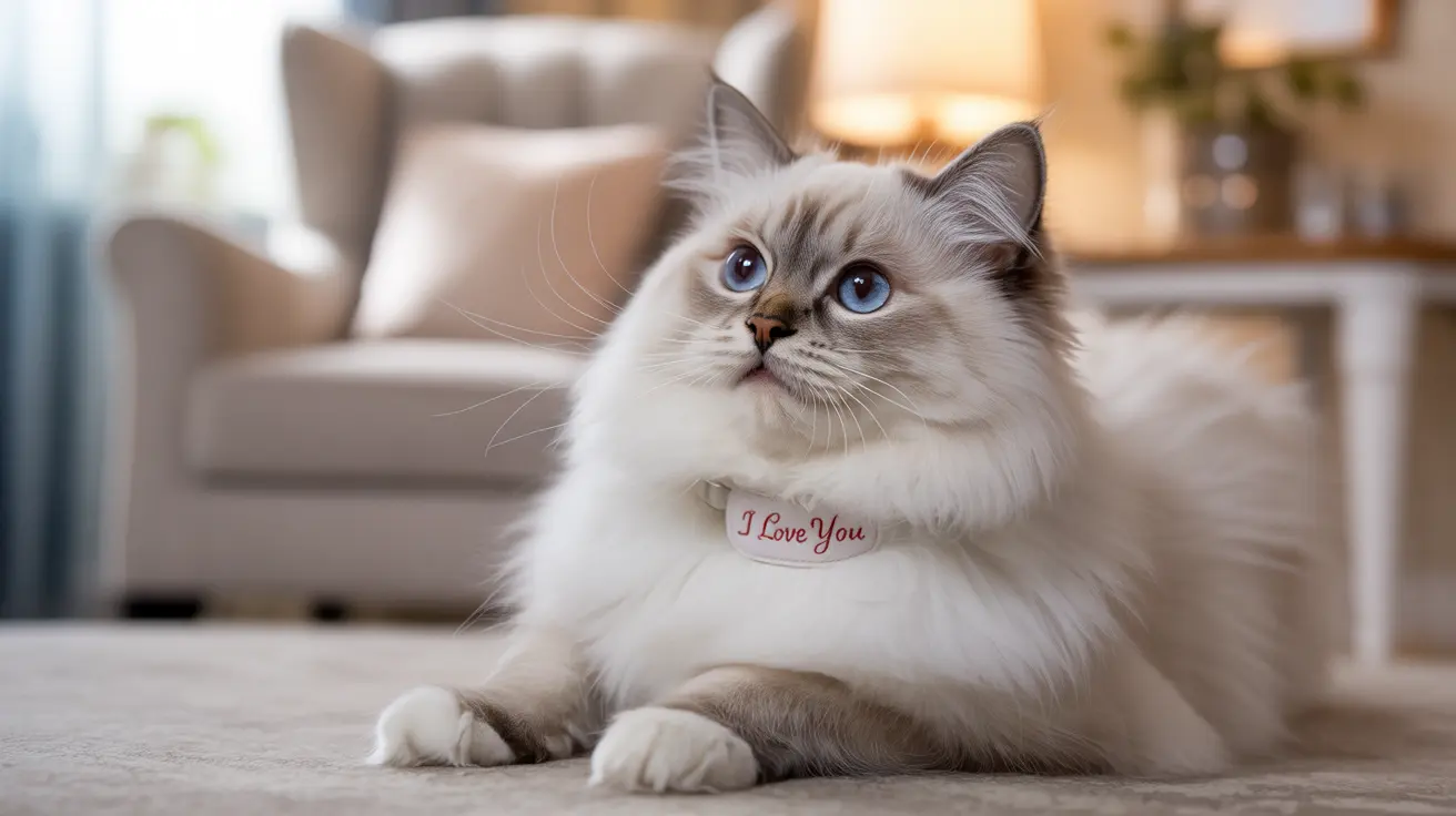 Fluffy white and gray Ragdoll cat sitting elegantly on a carpet wearing an 'I Love You' tag