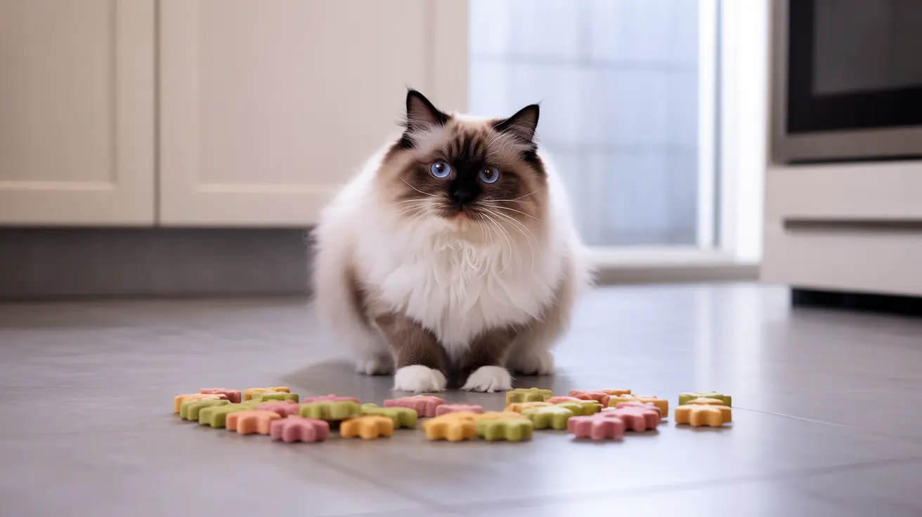 A fluffy Ragdoll cat sitting in a kitchen surrounded by colorful flower-shaped treats