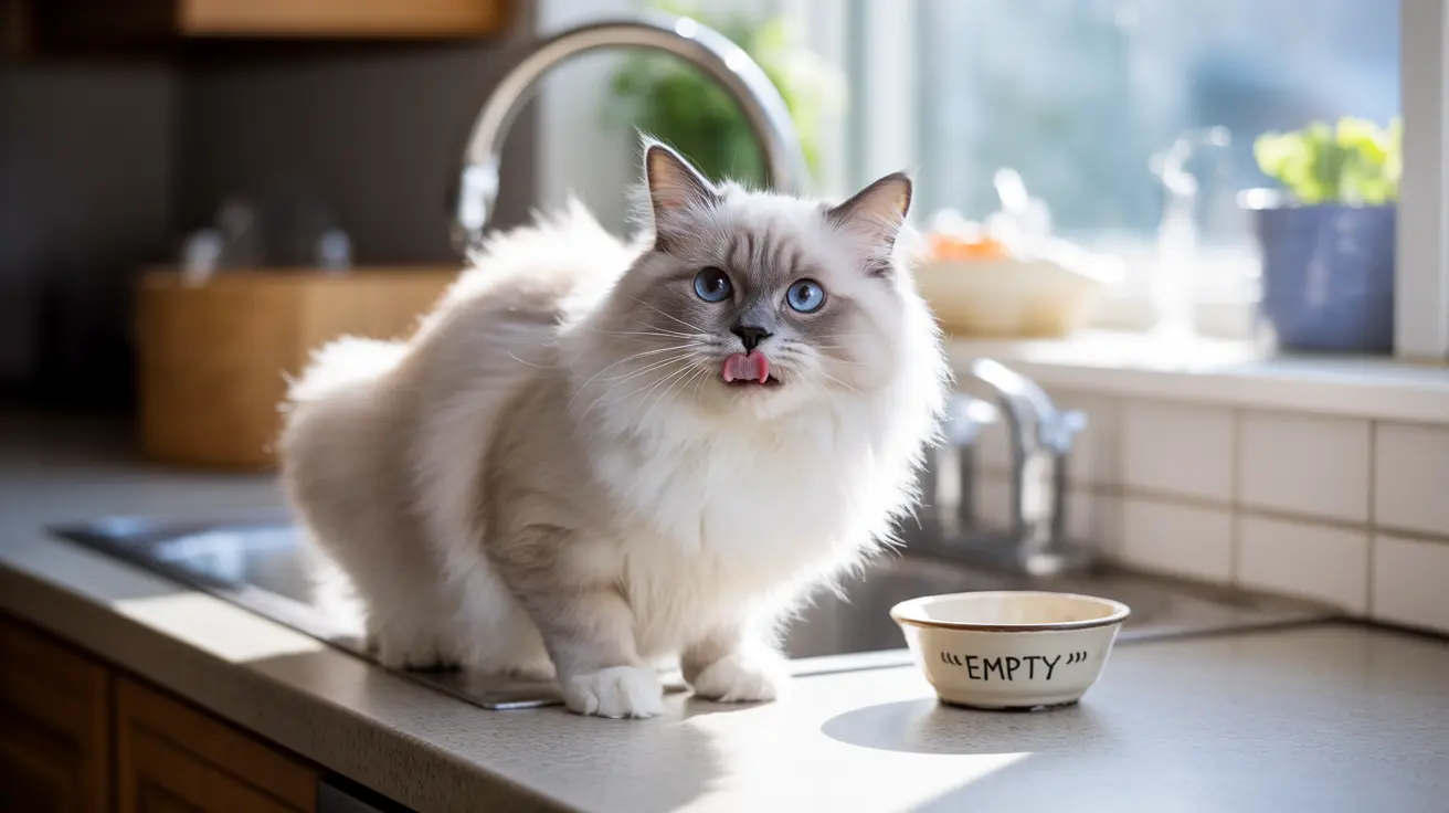 Fluffy white Ragdoll cat sitting on kitchen counter beside empty food bowl with tongue slightly sticking out