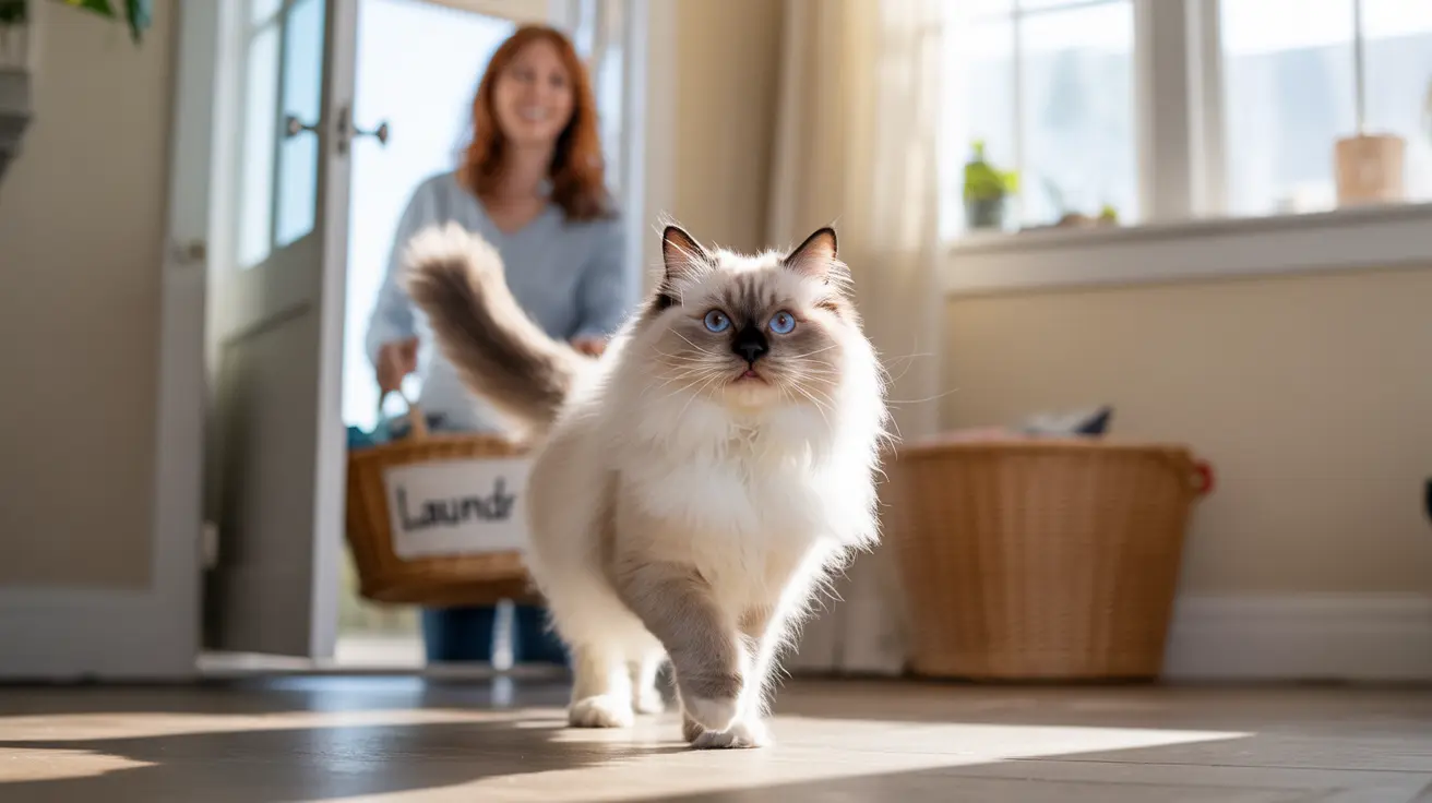 A fluffy white Ragdoll cat standing confidently in a sunlit laundry room