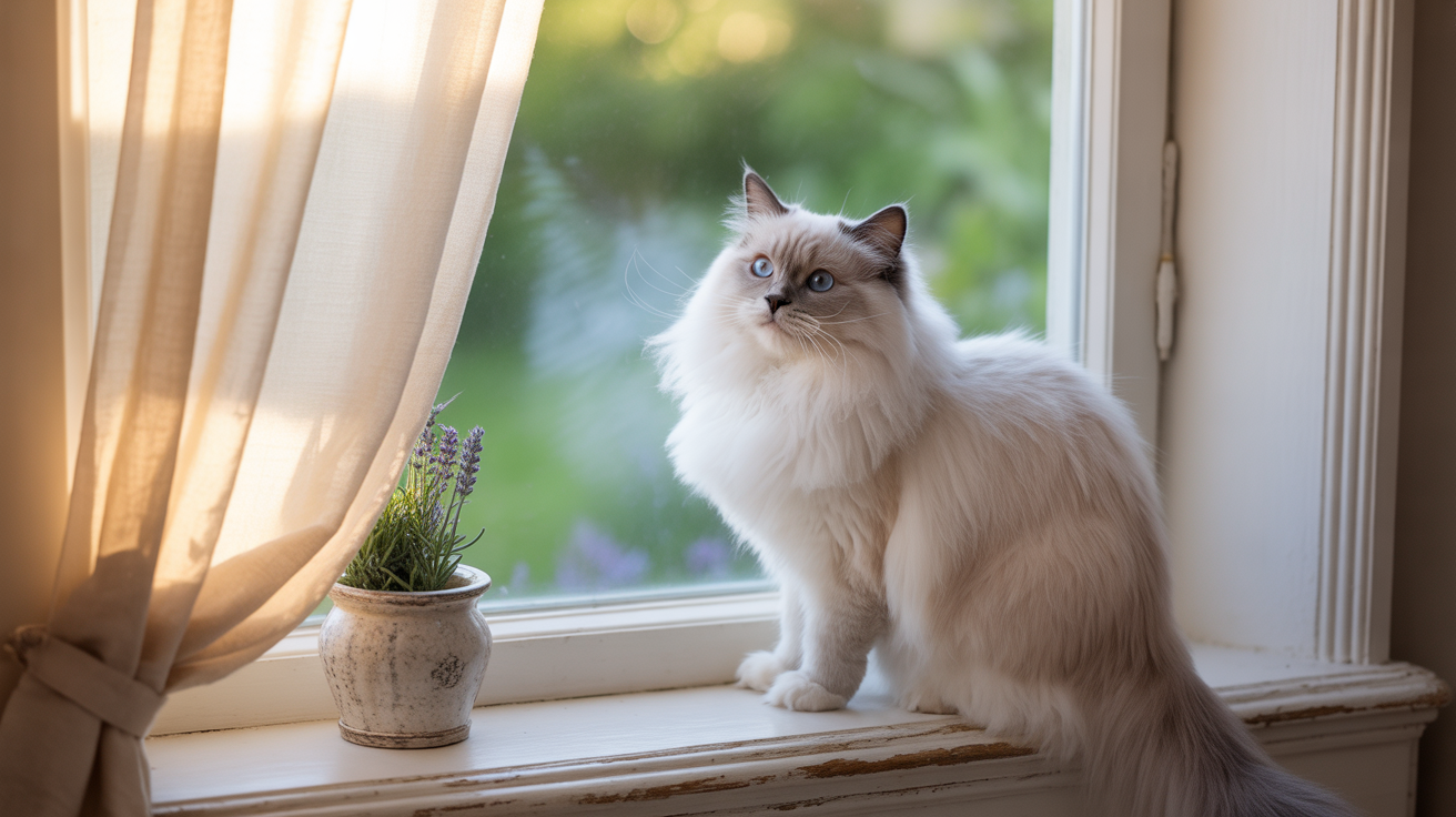 A Ragdoll cat lounging on a sunlit windowsill with sapphire eyes