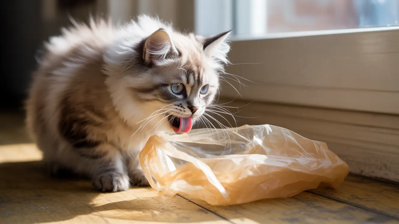 Fluffy Ragdoll cat sitting near a plastic bag with its tongue playfully sticking out
