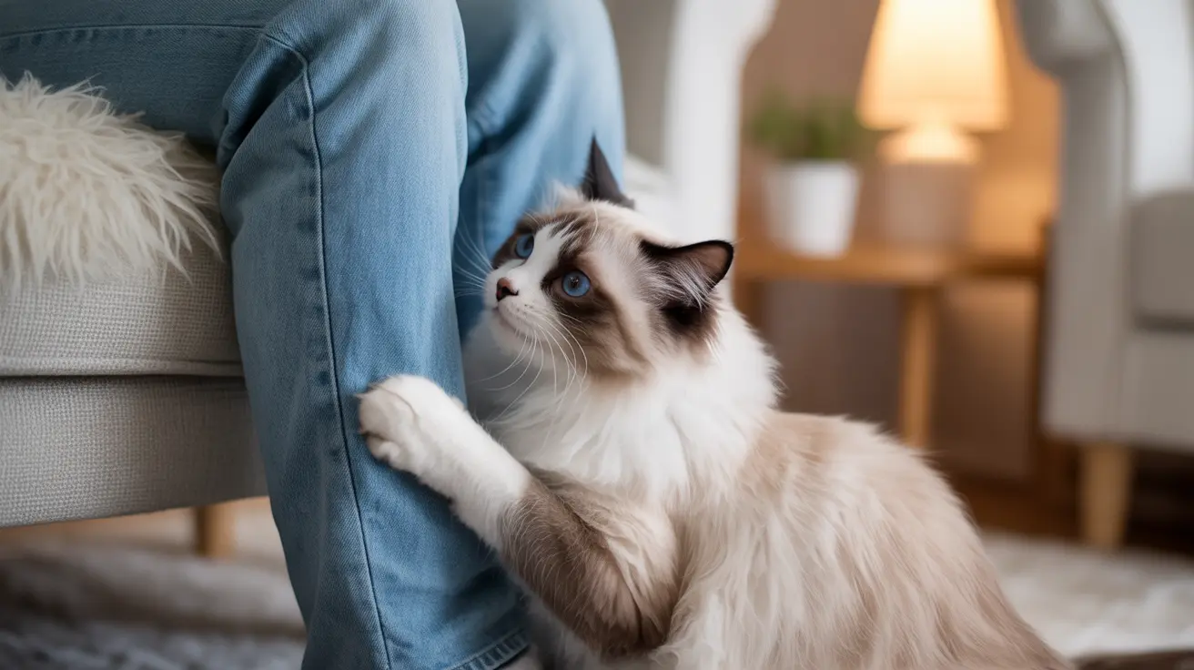 A fluffy Ragdoll cat with blue eyes clinging to a person's leg and looking upward