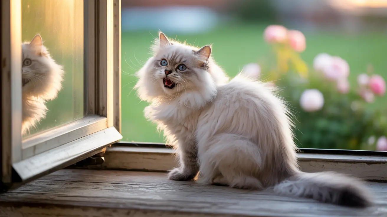 Fluffy white Ragdoll cat meowing on a windowsill with reflection