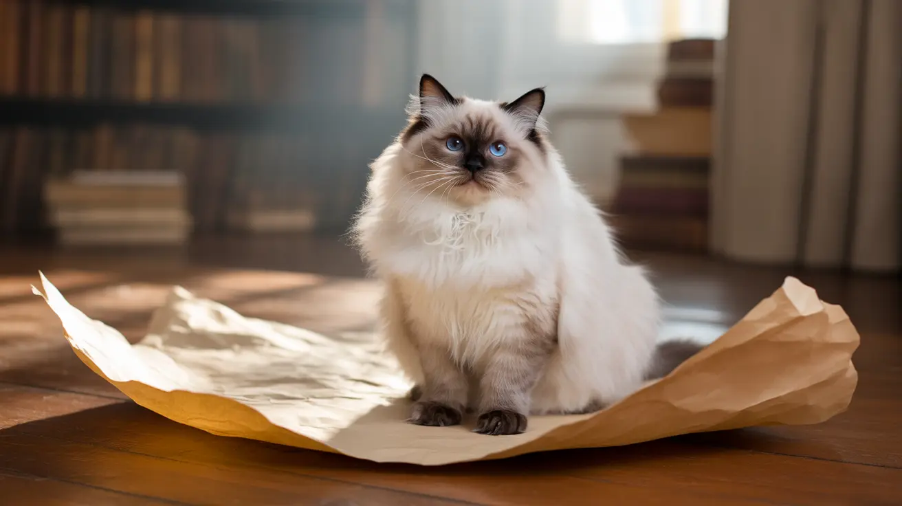 A fluffy white and cream Ragdoll cat sitting elegantly on a crumpled brown paper bag