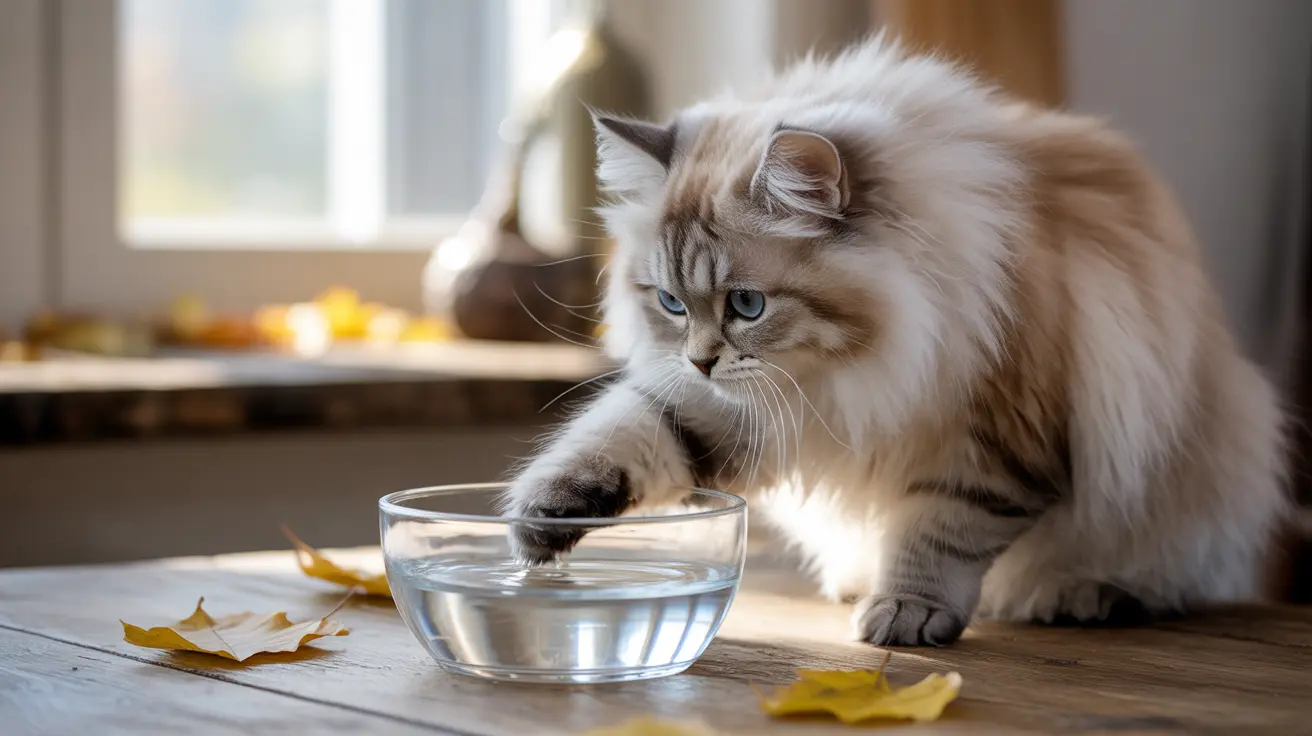 A fluffy Ragdoll cat delicately touching a water bowl with its paw near some fallen autumn leaves