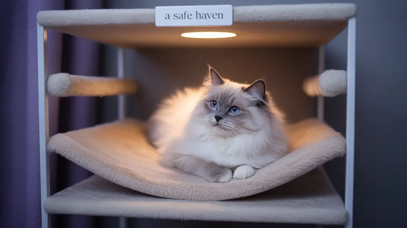 A fluffy white and cream Ragdoll cat in a cozy perch with soft bedding