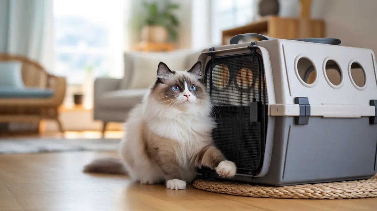 A fluffy Ragdoll cat sitting next to a pet carrier in a modern, bright living room