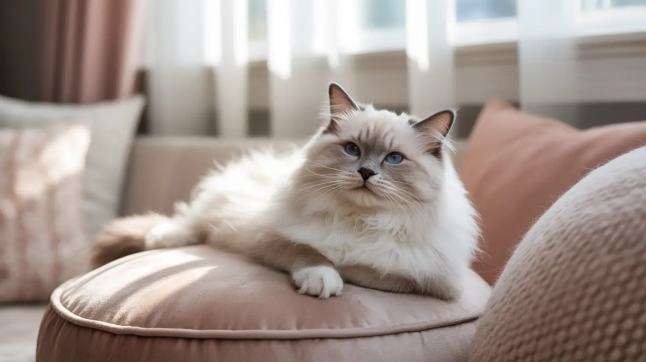 A fluffy white Ragdoll cat resting elegantly on a soft pink cushion in a bright, modern living room