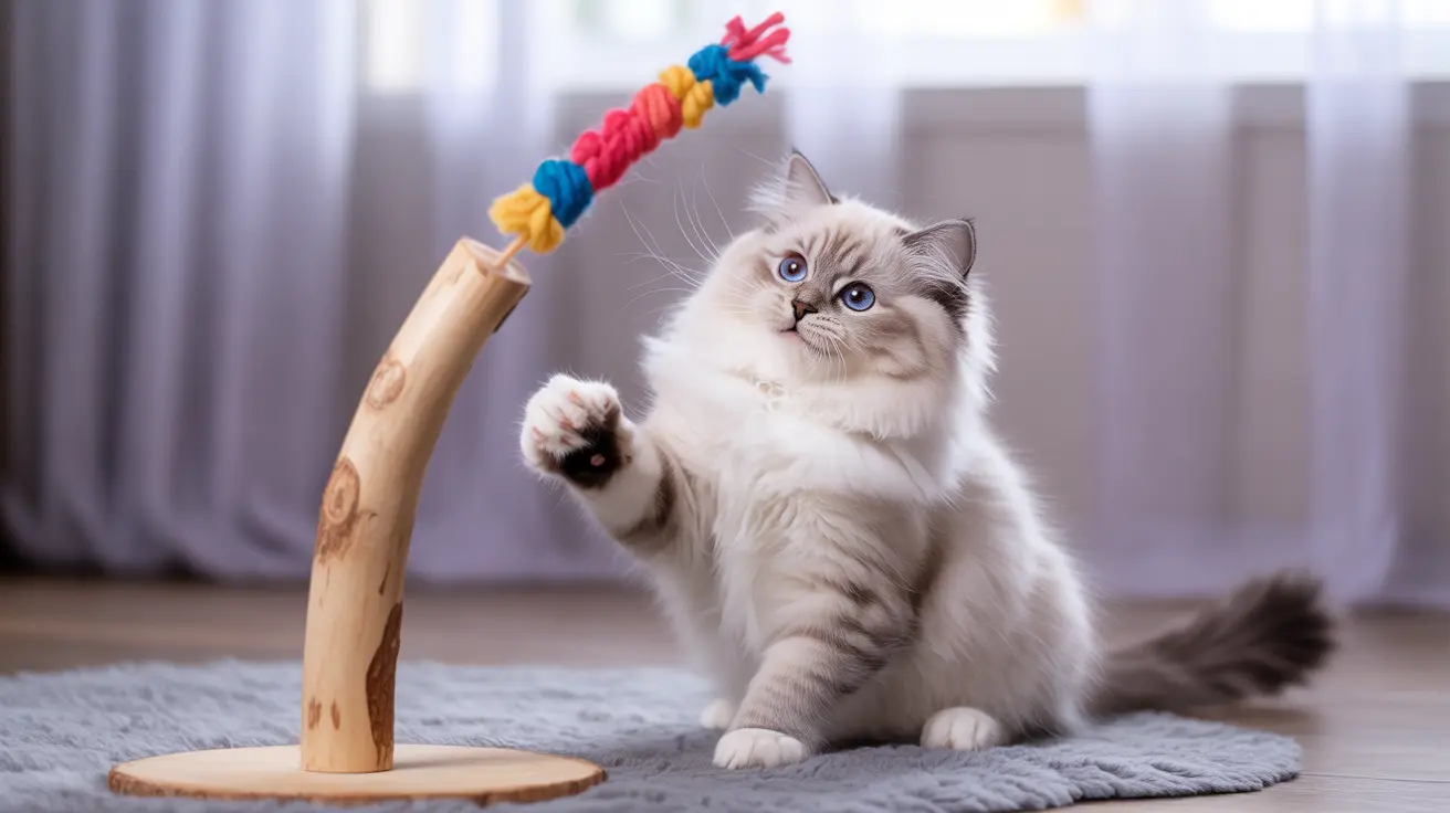 ふわふわの白いラグドール猫が木製スタンドに吊るされたカラフルなおもちゃで楽しそうに遊んでいる様子