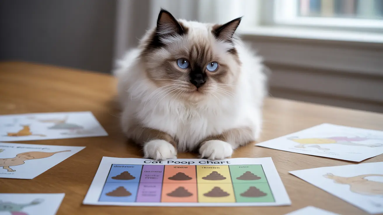 A fluffy Ragdoll cat sitting next to a 'Cat Poop Chart' on a wooden surface