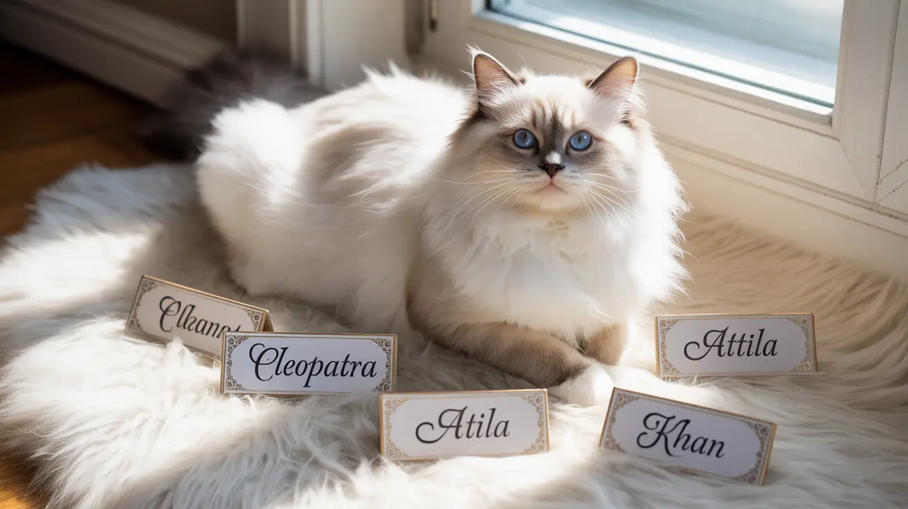 A fluffy white Ragdoll cat sitting regally near a window surrounded by multiple name cards