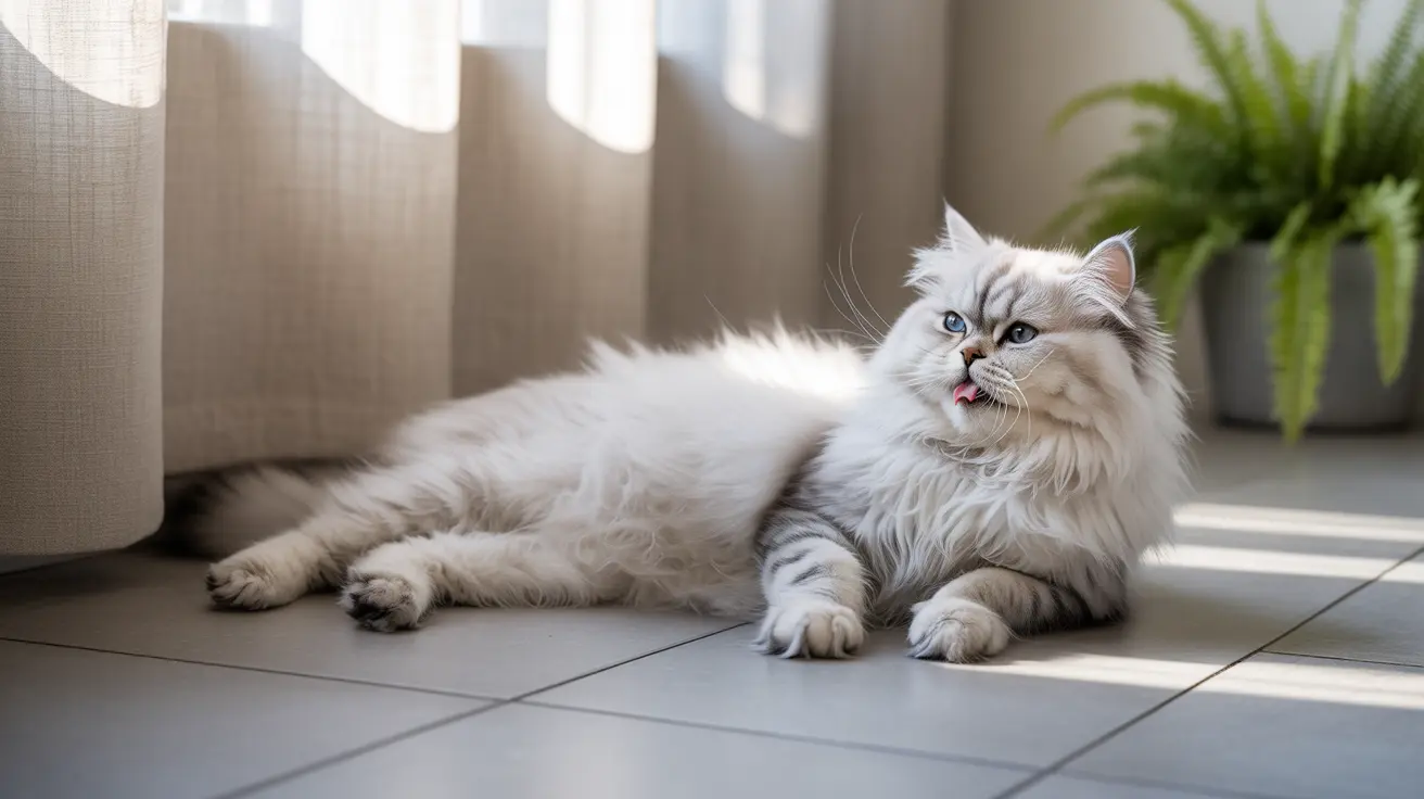 Fluffy Ragdoll cat with blue eyes lying relaxed on a tiled floor indoors