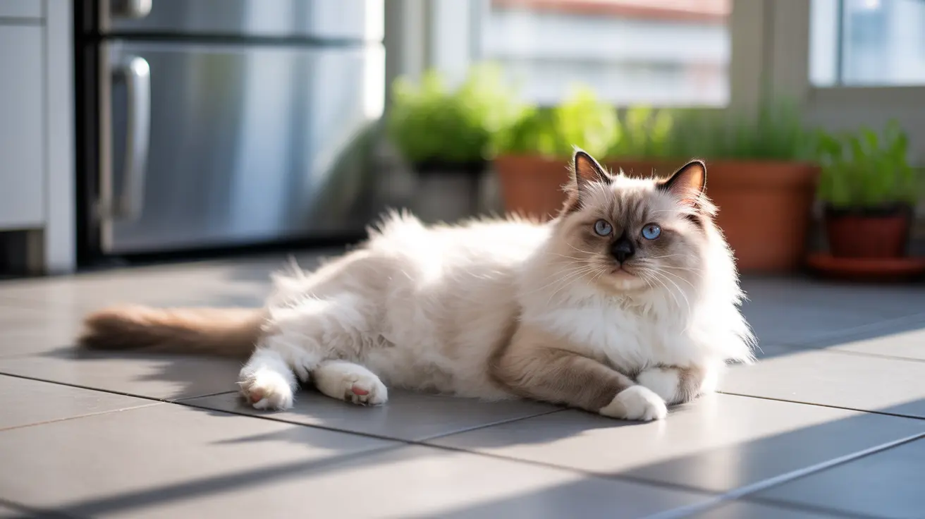 Fluffy Ragdoll cat with blue eyes lying relaxed on a tiled kitchen floor in natural sunlight