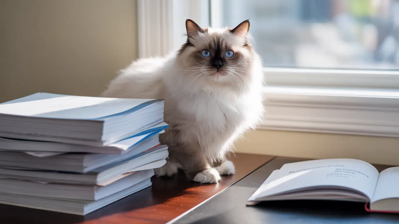 A fluffy white Ragdoll cat with striking blue eyes sitting on a desk near a stack of books and an open book