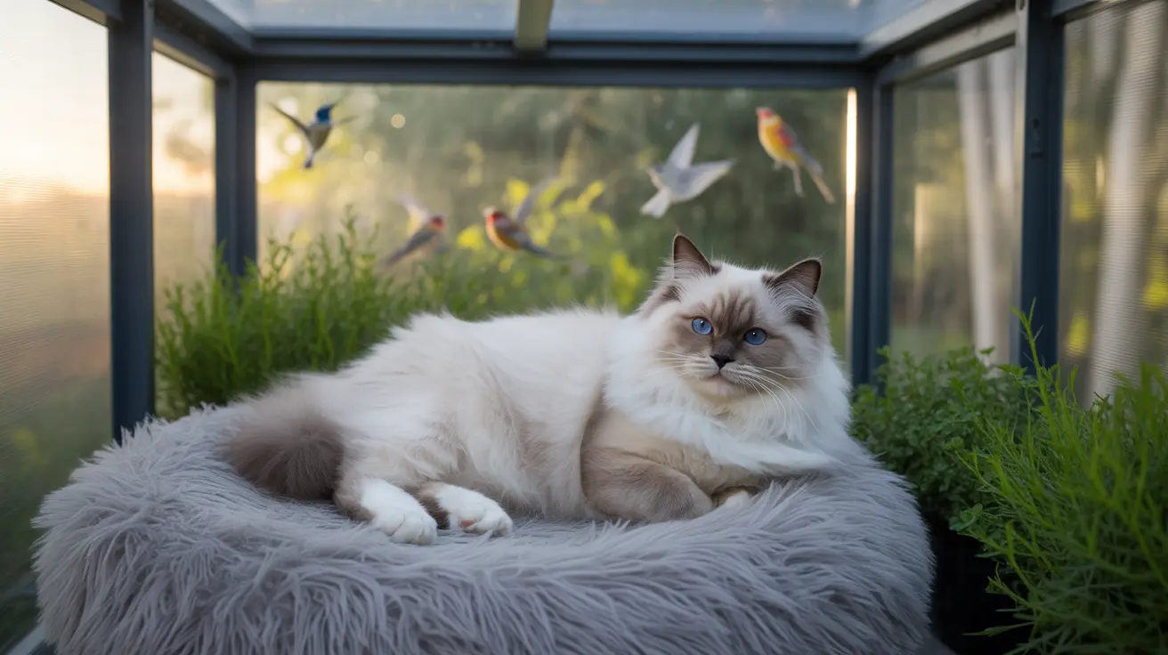 A fluffy white Ragdoll cat resting on a soft gray fur bed surrounded by green plants with birds flying outside a glass-enclosed space