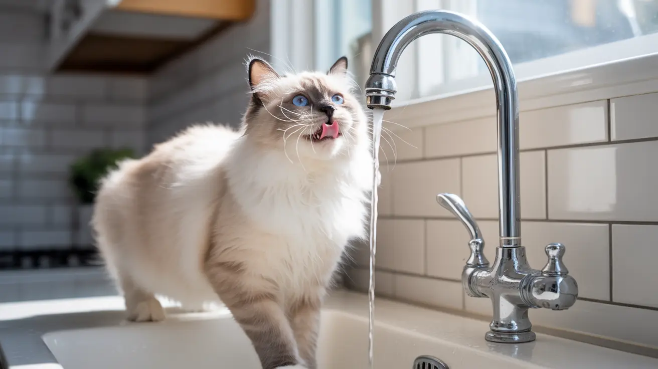 Fluffy white and cream Ragdoll cat sitting near a kitchen sink with running water, playfully sticking out its tongue