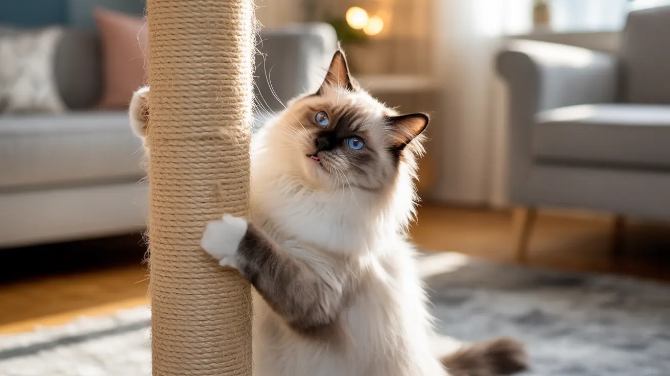 Fluffy Ragdoll cat with blue eyes scratching a tall sisal rope scratching post in a cozy living room